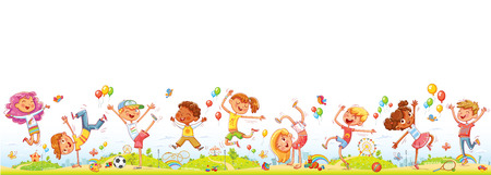 Happy kids jumping and dancing together on the background of entertainment amusement park. Seamless children's panorama for your design. Template for advertising brochure or web site. Funny cartoon characterのイラスト素材