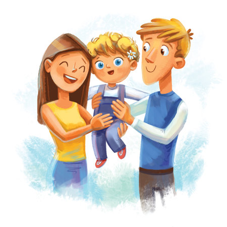 Father and mother hold son in their armsの写真素材