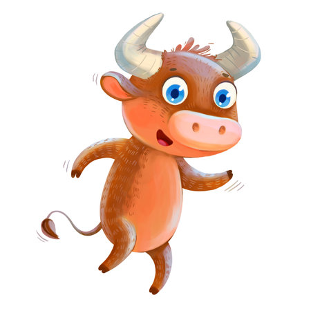 Ox jumping having fun. Symbol of the Chinese New Year. Funny cartoon character. Isolated on white background. Hand-drawing Illustrationの写真素材