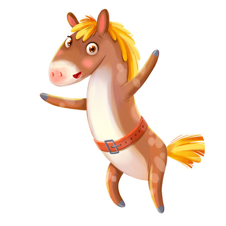 Horse fun jumps. Symbol of the Chinese New Year. Funny cartoon character. Isolated on white background. Hand-drawing Illustrationの写真素材