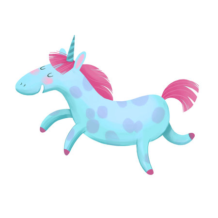 Blue Unicorn fun jumps. Funny cartoon character. Isolated on white background. Hand-drawing Illustrationの写真素材
