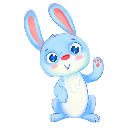 Cute Rabbit waving his paw. Symbol of the Chinese New Year or Christian Easter. Funny cartoon character. Isolated on white background. Hand-drawing Illustrationの写真素材