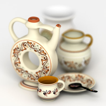 Traditional handmade ceramic souvenir with handpainted. Realistic 3d rendering with the effect low depth of fieldの写真素材