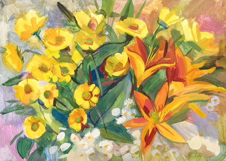 Still life with a bouquet of flowers. Gouache paintingの写真素材