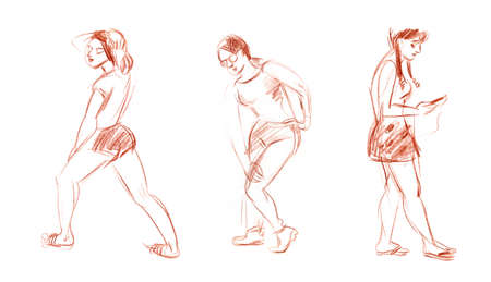 Quick Sketches from Life with different graphic materials sepia, sanguine, charcoal pencilの写真素材