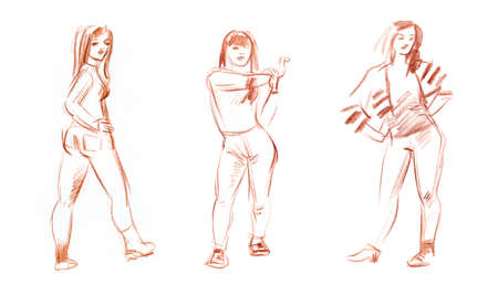 Quick Sketches from Life with different graphic materials sepia, sanguine, charcoal pencilの写真素材