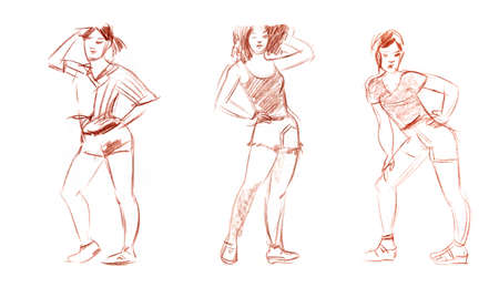 Quick Sketches from Life with different graphic materials sepia, sanguine, charcoal pencilの写真素材