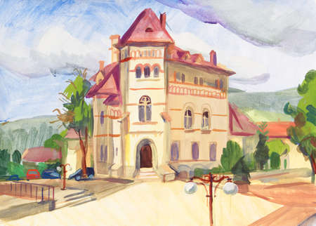 Landscape painted with gouache on paper. Etude sketch performed in the open air. Romania, Piatra Neamt. Town square. Cucuteni Museum. Old centerの写真素材