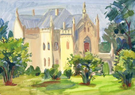 Landscape painted with gouache on paper. Etude sketch performed in the open air. Miclauseni Castle, Iasi, Romaniaの写真素材