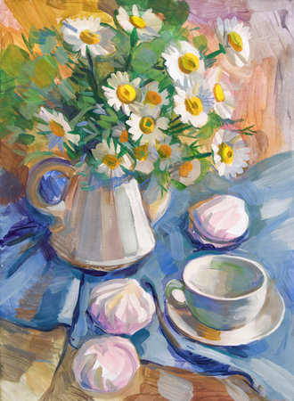 Daisies in a vase. Still life with a bouquet of flowers. Gouache paintingの写真素材