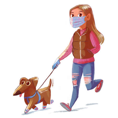 Girl in a medical mask walks his dog. Illustration isolated on white backgroundの写真素材