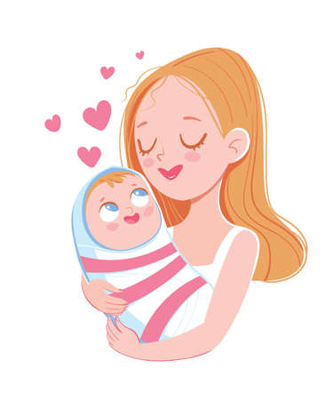 Mom holds baby. Happy Mother Day. Template for greeting card. Funny cartoon character. Vector illustration. Isolated on white backgroundのイラスト素材