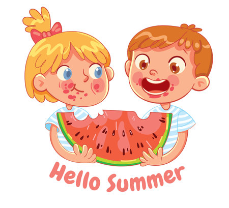 Hello Summer Postcard. Boy and girl eating a slice of watermelon for two. Kid has smeared his face and clothes. Funny cartoon character. Vector illustration. Isolated on white backgroundのイラスト素材