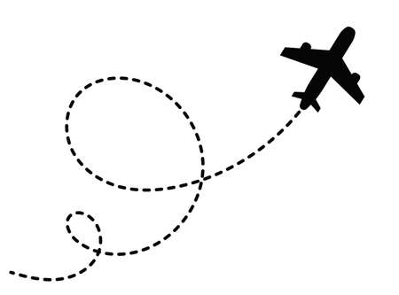 Plane moves along the path of movement. Infographic Vector Illustration. Flat style. Black silhouette. Isolated on white backgroundのイラスト素材