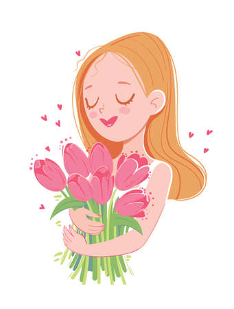 Greeting card for Mother Day or International Women Day. Girl holds bouquet of flowers and inhales their fragrance. Postcard in soft pastel colors. Funny cartoon character. Isolated on white backgroundのイラスト素材