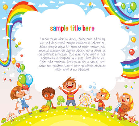 Boys and girls are playing in the Amusement park. Playground. Template for advertising brochure. Ready for your message. Children look up with interest. Funny cartoon character. Vector illustrationのイラスト素材