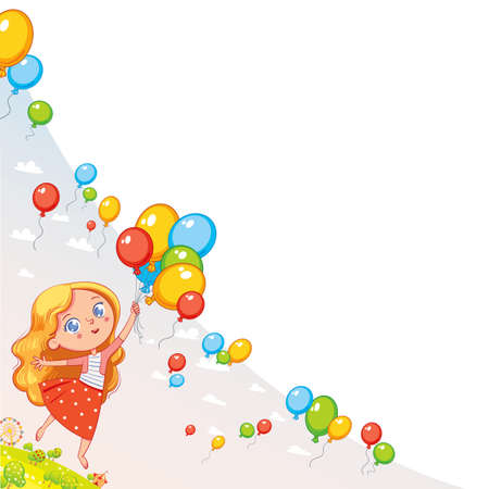 Girl holds balloons in her hands and takes off above the ground. Template for advertising brochure. Ready for your message. Kids background for your design. Funny cartoon characterのイラスト素材