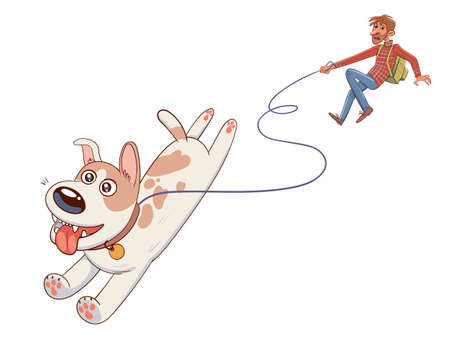 Dog pulls the leash with its owner. Funny cartoon character. Vector illustration. Isolated on white backgroundのイラスト素材