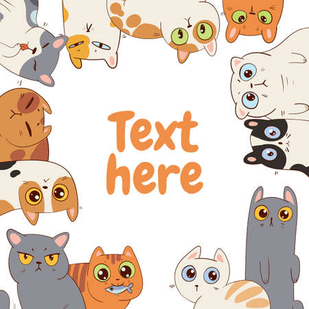 Cats border. Page layout template for your design. Template for advertising brochure. Ready for your message. Funny cartoon character. Vector illustration. Isolated on white backgroundのイラスト素材