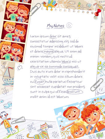 Memory page from a children diary with attached photos, handwritten notes and freehand drawings. Page layout template for your design. Template for advertising brochure. Ready for your messageのイラスト素材