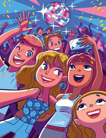 Smiling friends dancing and take a selfie in club. Party, nightlife, holidays, celebration. Funny cartoon character. Vector illustrationのイラスト素材