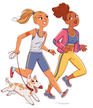 Two girls jogging with a dog. Funny cartoon character. Vector illustration. Isolated on white backgroundのイラスト素材
