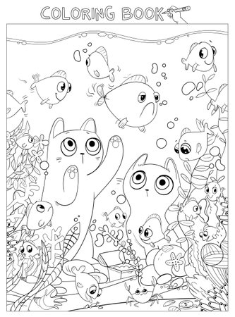 Two cats look at aquarium fish. Coloring book. Funny cartoon character. Vector illustrationのイラスト素材