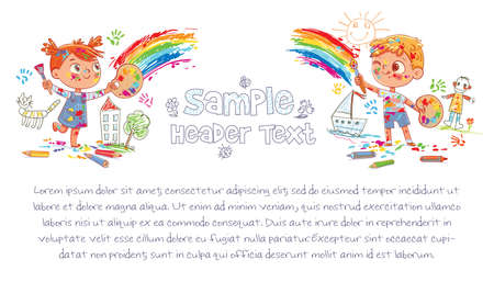 Children draw a rainbow on the wall. Funny kids get dirty in the paint while drawing. Ready design for website header or advertising brochure. Children artists paint an abstract picture togetherのイラスト素材