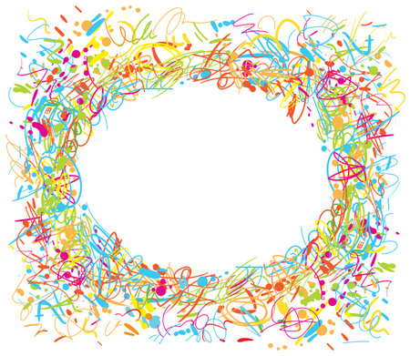 Circular abstraction. Abstract freehand drawing. olorful doodles. Colored pencils and markers scribbles. Template for text or photo. Vector illustration. Isolated on white backgroundのイラスト素材