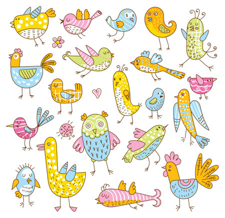 Set of cute cartoon birds isolated on white background. Seamless pattern. Childrens ornament. Funny cartoon character. Vector illustrationのイラスト素材