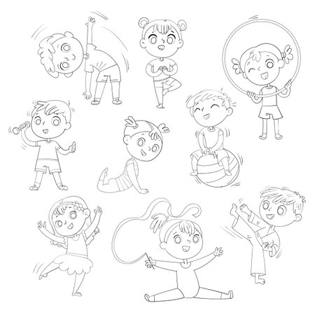 Sport for kids. Physical Training, Fitness, Karate, Yoga, Aerobics, Gymnastics, Dancing. Let s play. Funny cartoon character. Vector illustration. Isolated on white background. Coloring bookのイラスト素材