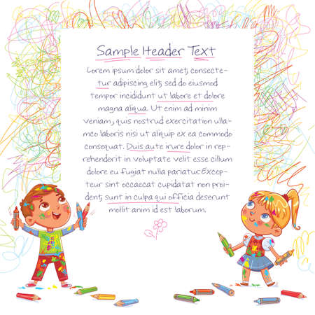 Kids doodling crayons on large poster. Template for advertising brochure. Ready for your message. Children background for your design. Funny cartoon characterのイラスト素材