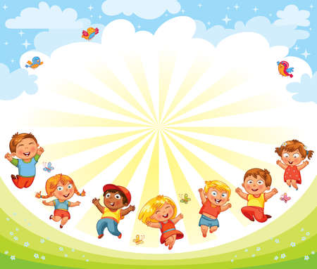 Playground. Children happily jump on the flower field. Template for advertising brochure. Ready for your message. Funny cartoon character. Vector illustrationのイラスト素材