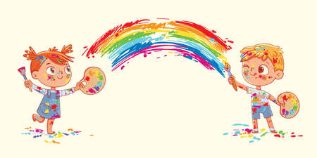 Boy and girl draw a rainbow together. Funny kids were messing with paint while drawing. Panorama. Cartoon character. Vector illustration. Isolated backgroundのイラスト素材
