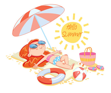 Inscription Hello Summer. Postcard template with redhead girl lying on beach and sunbathing. Girl relaxing at seaside resort. Funny cartoon character. Vector illustration. Isolated on white backgroundのイラスト素材