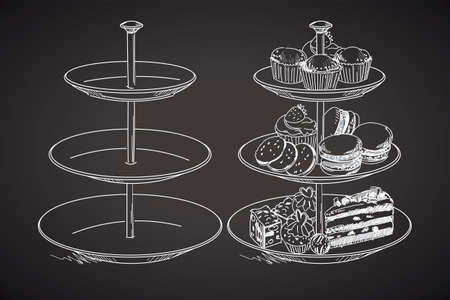 Three tier serving tray. Hand drawing on a blackboard. Vector illustrationのイラスト素材