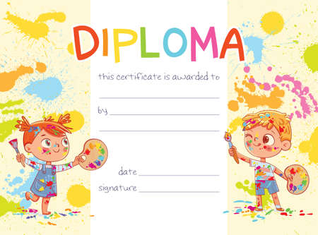 Template of Children Award Diploma. Kids artists paint an abstract picture togetherのイラスト素材