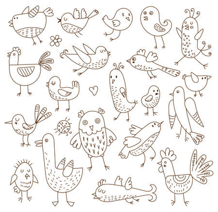 Funny birds. Seamless monochrome linear pattern. Childrens ornament. Funny cartoon character. Vector illustration. Isolated on white backgroundのイラスト素材