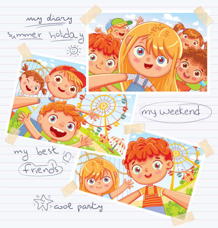 Memory page from a children diary with pasted photos, handwritten notes and kids drawings. Photos in Album randomly scattered. Page layout template for your design. Advertising posterのイラスト素材