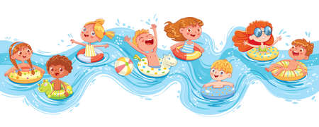 Children swimming and jumping on the waves. Kids having fun on water slides tubes at aquapark. Funny kid on inflatable rubber circle. Summer time. Attractions concept. Seamless panorama sea waveのイラスト素材