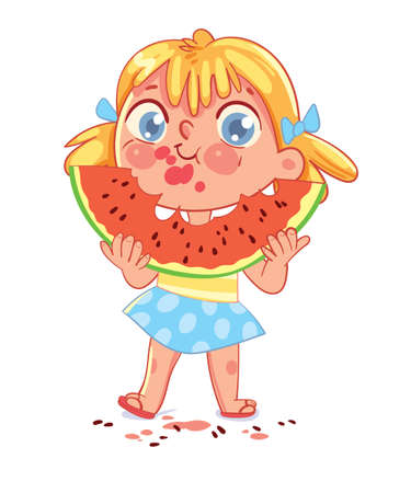Girl is eating a big slice of watermelon and spits seeds. Child has smeared his face and clothes. Funny cartoon character. Vector illustration. Isolated on white backgroundのイラスト素材