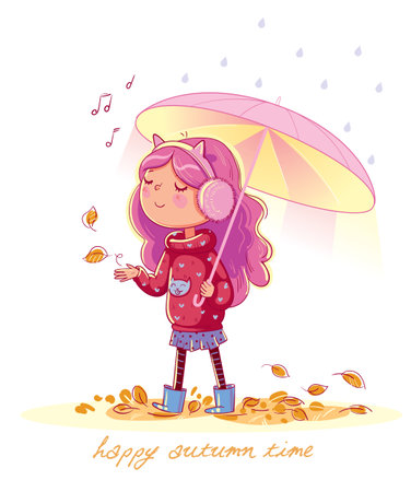 Girl under the umbrella. Leaf fall. Walk in the Autumn Park. Funny cartoon character. Vector illustrationのイラスト素材
