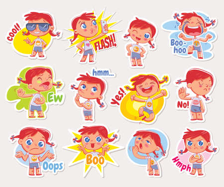 Emoji with cute redhead girl. Expressions of different emotions. Emoticon with inscriptions ew, cool, flash, boo-hoo, hmm, yes, no, oops, boo, hmph. Set Stickers for online communicationのイラスト素材