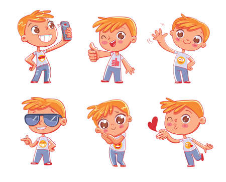 Cute little boy with different emotions. Emoji Stickers Emotions. Funny cartoon colorful character. Set. Isolated on white background. Vector illustrationのイラスト素材