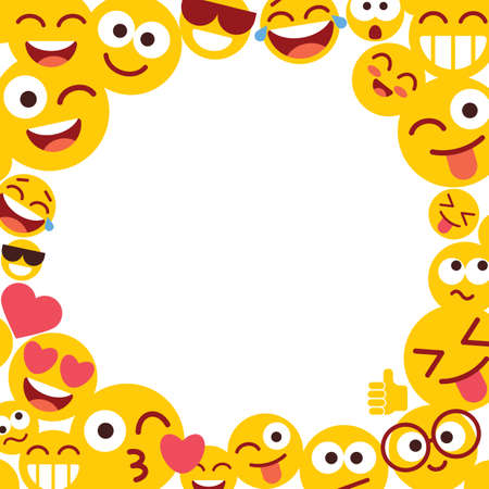 Photo frame with funny smileys. Emoticons and empty blank space for text. Set of Emoji with different emotions. Funny cartoon colorful character. Isolated on white background. Vector illustrationのイラスト素材