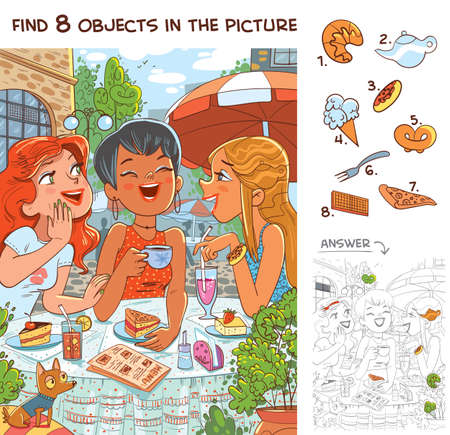 Find 8 objects in the picture. Puzzle Hidden Items. Cute girlfriends talking in a cafe. Funny cartoon characterのイラスト素材