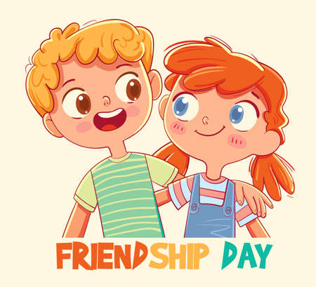 Greeting Card for Happy Friendship Day with Cute Friends. Boy hugged girl. Good sister-brother relationship. Funny cartoon character. Vector illustration. Isolated backgroundのイラスト素材