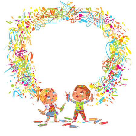 Kids draw colored scribbles on the wall with paints and crayons. Design for children advertising template. Space for text. Funny cartoon character. Vector illustration. Isolated on white backgroundのイラスト素材