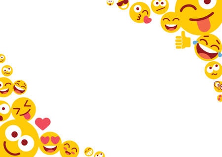 Photo frame with funny smileys. Emoticons and empty blank space for text. Set of Emoji with different emotions. Funny cartoon colorful character. Isolated on white background. Vector illustrationのイラスト素材
