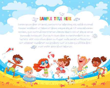 Kids have fun jumping on the beach. Template for advertising brochure. Ready for your message. Funny cartoon character. Vector illustrationのイラスト素材